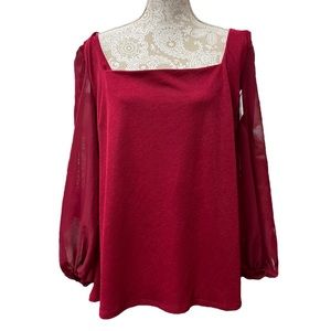 MAREÉ Poir Toi Blouse Top Square Neck Sheer Sleeves Maroon Size 3X